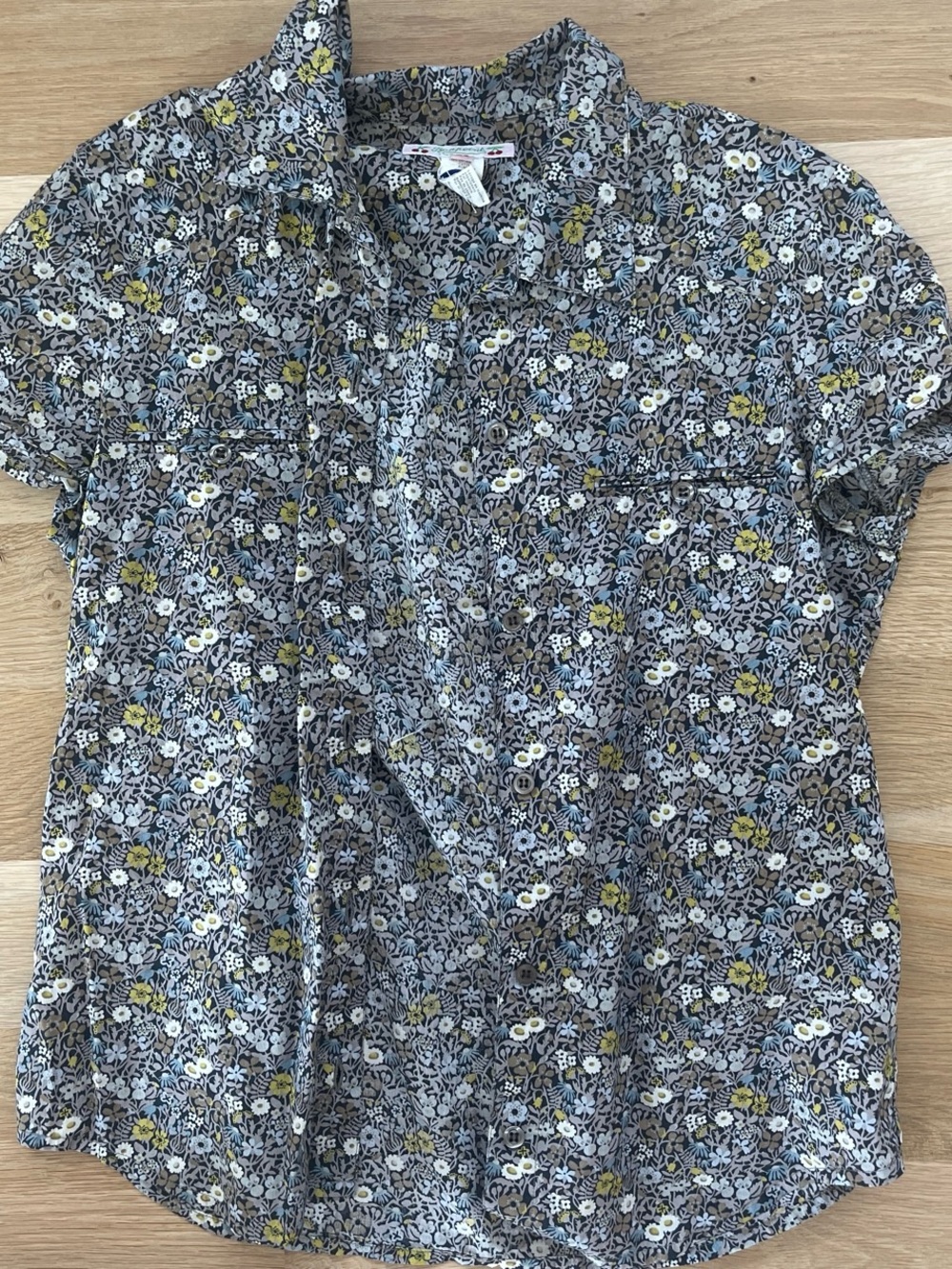 Bonpoint Floral Button-Down Short Sleeve Shirt in Blue, White & Yellow